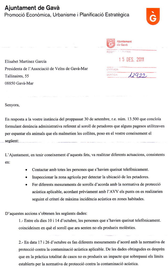 Primera pgina de les conclusions a les que ha arribat l'Ajuntament de Gav desprs d'analitzar l'impacte acstic de les explosions realitzades pels pagesos a l'entorn de Gav Mar (17 Desembre 2011)